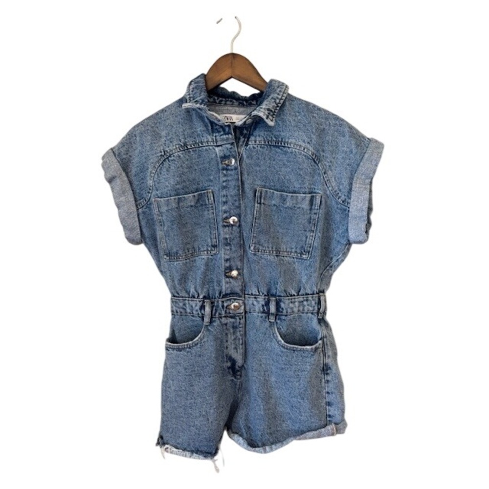 Zara Women's Blue Denim Romper Button Front Short Sleeve Utility Jumpsuit M